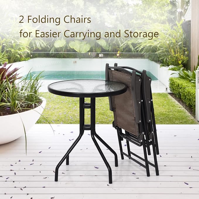 LDAILY LUARANE 3 Piece Patio Bistro Set, Outdoor Table and Chairs Set, 2 Folding Chairs & Coffee Table w/Textured Glass Tabletop, Small Patio Furniture Set for Balcony, Front Porch, Backyard & Garden