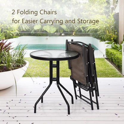 LDAILY LUARANE 3 Piece Patio Bistro Set, Outdoor Table and Chairs Set, 2 Folding Chairs & Coffee Table w/Textured Glass Tabletop, Small Patio Furniture Set for Balcony, Front Porch, Backyard & Garden