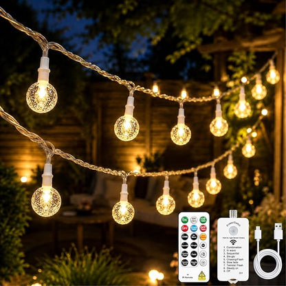 Crystal Globe String Lights 2500mAh Rechargeable Battery Operated | 16FT 50LED Outdoor Waterproof with Remote, Timer & 8 Modes, Fairy Lights for Yard Garden Patio Wedding Christmas (Warm White)