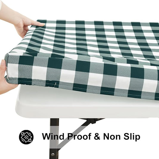 Smiry Rectangle Picnic Table Cloth, Elastic Waterproof Fitted Vinyl Tablecloths, Flannel Backed Buffalo Plaid Table Covers for Dining, Camping, Outdoor (Hunter Green and White, 30" x 96")