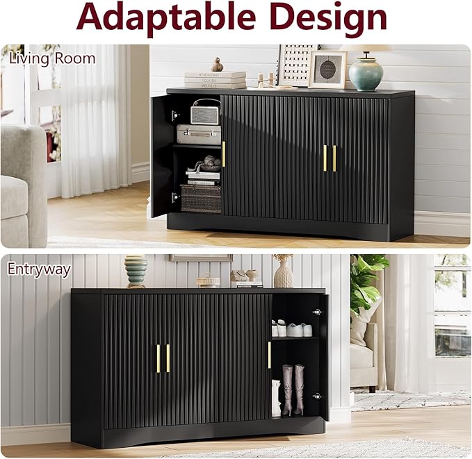 Memobarco 55" Modern Sideboard Buffet Cabinet with Storage, 4 Door Fluted Credenza Table Media Console Cabinet Entryway Cabinets for Living Room Kitchen, Black