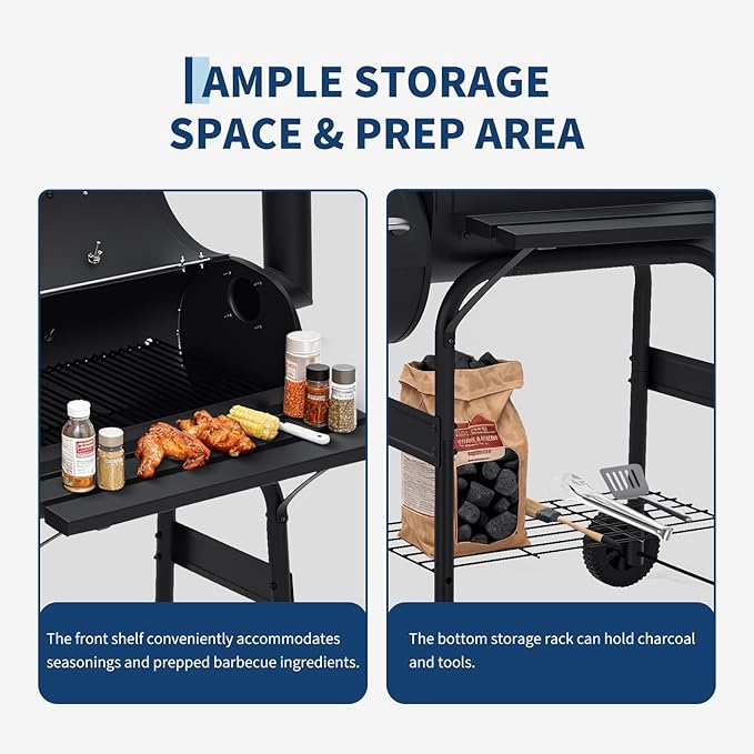 Garvee Charcoal Grills with Offset Smoker, Barrel Barbecure Smoker Grill Combo, Outdoor BBQ Grill with Handle and Wheels, for Camping Picnic Patio Backyard Party