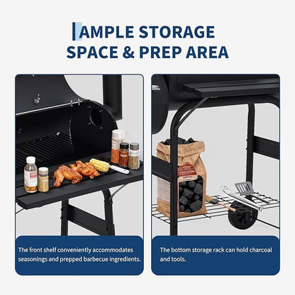 PeakPursuit Barrel Charcoal Grill with Offset Smoker, Portable Outdoor Barbecue Grills with Wheels, BBQ Grill and Smokers Combo for Backyard Patio Party Camping