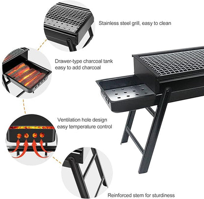 Ergocar BBQ Grill, Foldable and Portable Stainless Steel BBQ, Charcoal Grill with Stand and Drawer Type Ash Accumulator, for Outdoor Picnic Garden Terrace Camping Trip