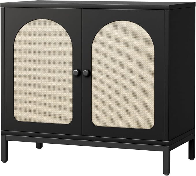 GarveeHome Rattan Sideboard Buffet Cabinet, Kitchen Storage Cabinet, Black | Rattan Doors and Adjustable Shelves, Boho Accent Liquor Coffee Buffet for Living Dining Room Hallway