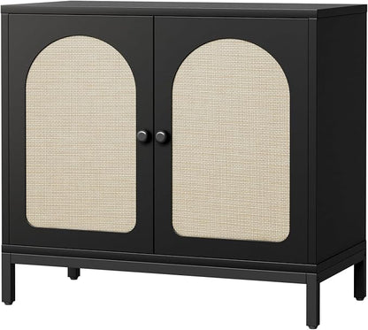 GarveeHome Rattan Sideboard Buffet Cabinet, Kitchen Storage Cabinet, Black | Rattan Doors and Adjustable Shelves, Boho Accent Liquor Coffee Buffet for Living Dining Room Hallway