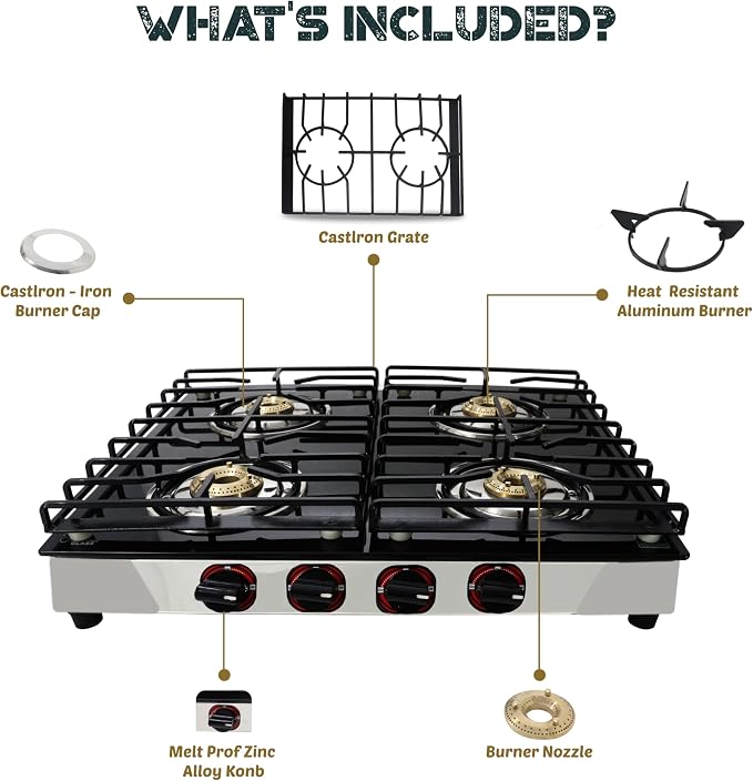 4 Burner Gas Stove Top, 25" Black Tempered Glass Countertop Stove | Stainless Steel 4 Burner Cooktop Burners RV Stove for Cooking Range Gas with Hose & Regulator to Connect Propane Cooktop
