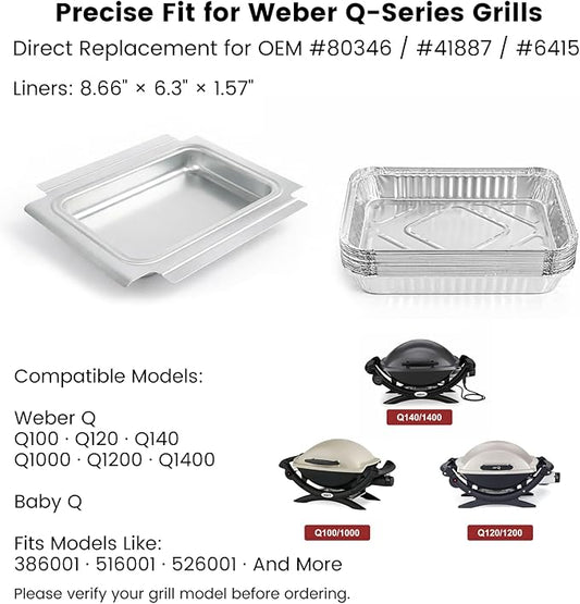 80346 Grease Catch Pan with 15pack Aluminum Foil Liners, Drip Tray Replacement for Weber Q100/Q1000/Q120/Q140/Q1200/Q1400 & Baby Q Gas/Electric Grills Weber Part 41887 6415