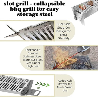 2026 Upgraded Slot grilI, Collapsible Bbq Grill, Portable Stainless Steel Foldable Charcoal Grills, Tool-Free 30s Setup, BBQ Grill Set for Camping, Travel, Party, Tailgating & Outdoor Cooking