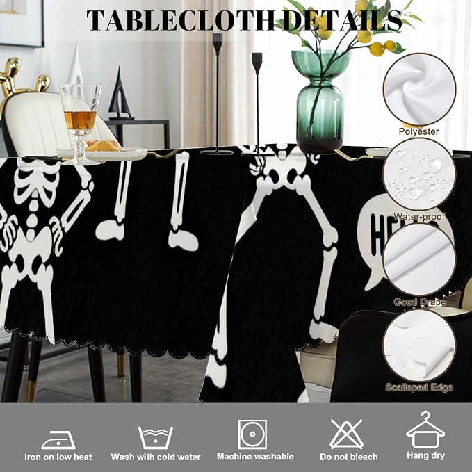 Swono Skeletons Tablecloth Funny Halloween Skulls Different Poses Decorative Table Cover for Kitchen, Party Banquet and Holiday Tablecloth, 52x70 Inch(4-6 Seats), Black