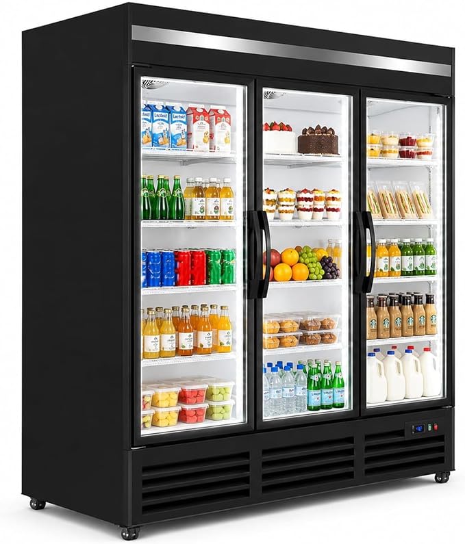 71” Wide Commercial Beverage Refrigerator Display Fridge, Three Glass Door Merchandiser Drink Cooler With LED Light 9 Adjustable Shelves,ETL Sanitation,63.5 Cu Ft,BLACK,Wheels Included