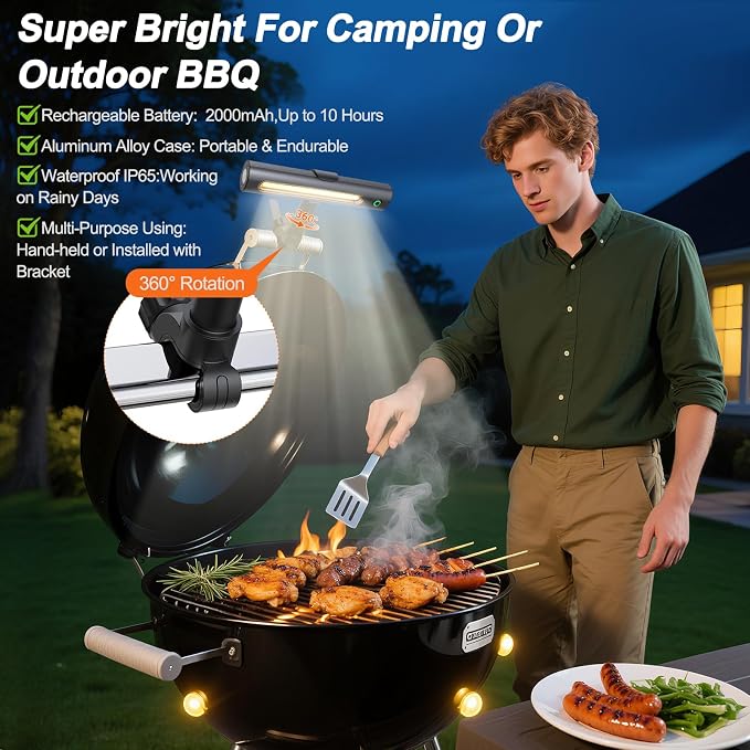 Rechargeable 360° Grill Light for Griddle & Grills with Magnetic Base and Gooseneck, IPX5 Waterproof, 2-Level,Brightness, USB-C Charging,