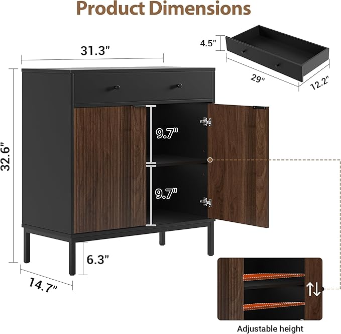Mericonia Farmhouse Buffet Sideboard Cabinet with Storage, Fluted Coffee Bar with Doors and Adjustable Shelves, Modern Wood Console Cabinet for Kitchen, Livingroom (Fluted 2 Door, Black & Walnut)