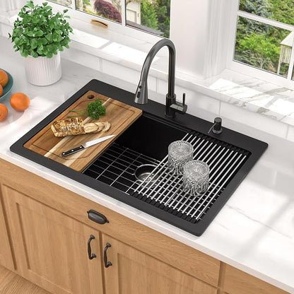 33 Inch Granite Composite Kitchen Sink - Matte Black Drop In Granite Kitchen Sink, Workstation All-In One Classic Quartz Top Mount Single Bowl Sinks for Modern Kitchen, 33"x22" #TLGT-123