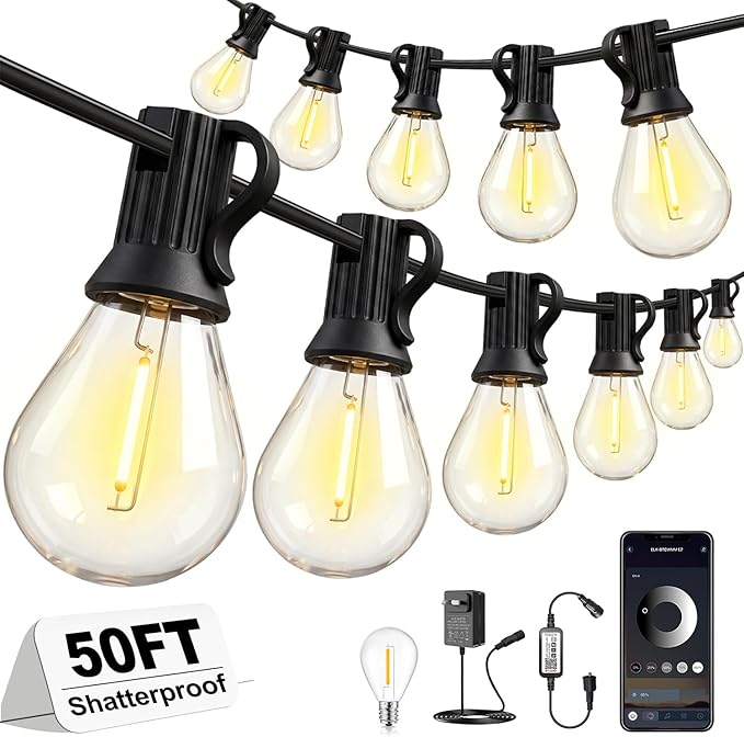 50FT Outdoor String Lights, APP Control Dimmable S08 Edison LED Bulbs, Timer, Bluetooth, IP65 Waterproof, Hanging Patio Lights for Yard Garden Backyard Deck Porch Balcony Camping Party