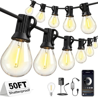 50FT Outdoor String Lights, APP Control Dimmable S08 Edison LED Bulbs, Timer, Bluetooth, IP65 Waterproof, Hanging Patio Lights for Yard Garden Backyard Deck Porch Balcony Camping Party