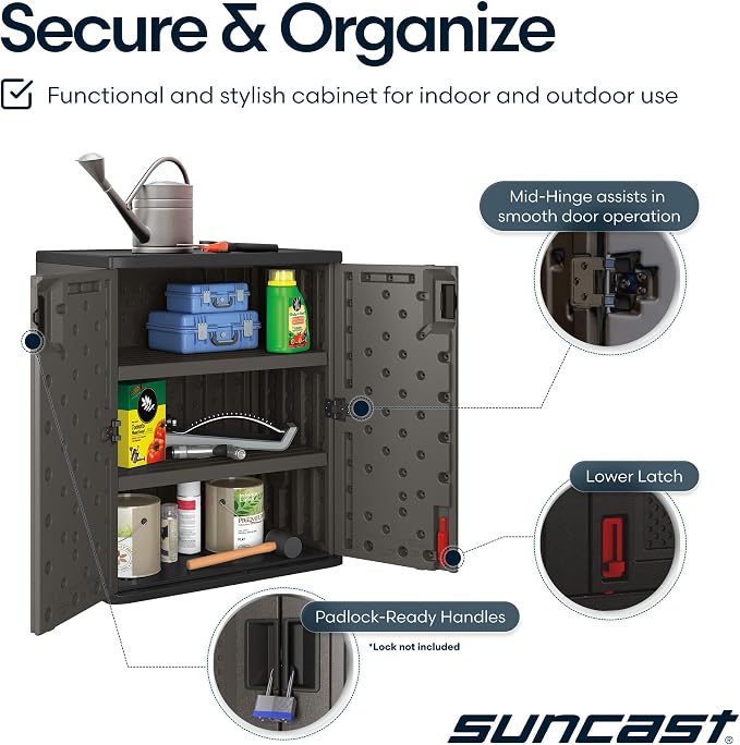 Suncast Heavy-Duty Resin Outdoor Storage Cabinet, 30" W x 20.25" D x 36" H Dark Grey Base Garage Storage Cabinet with Lockable Doors and Metal Reinforced Shelves, Made in the USA