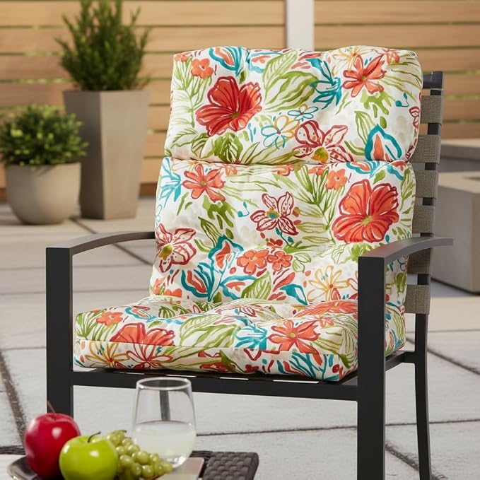 Outdoor Tufted High-Back Chair Cushions, One-Piece Hinged Seat and Back Design, Reversible with 4 Ties, Durable Polyester Fabric, Recycled Fiber Fill - Single, Breeze Floral