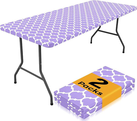 Smiry 2 Pack Rectangle Table Cloth 6 Foot, Waterproof Elastic Fitted Tablecloths, Windproof Washable Polyester Table Cover for Picnic, Camping, Outdoor (Lavender, 30"x72")