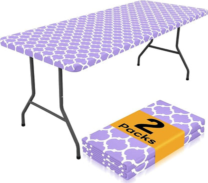 Smiry 2 Pack Rectangle Table Cloth 4 Foot, Waterproof Elastic Fitted Tablecloths, Windproof Washable Polyester Table Cover for Picnic, Camping, Outdoor (Lavender, 30"x48")