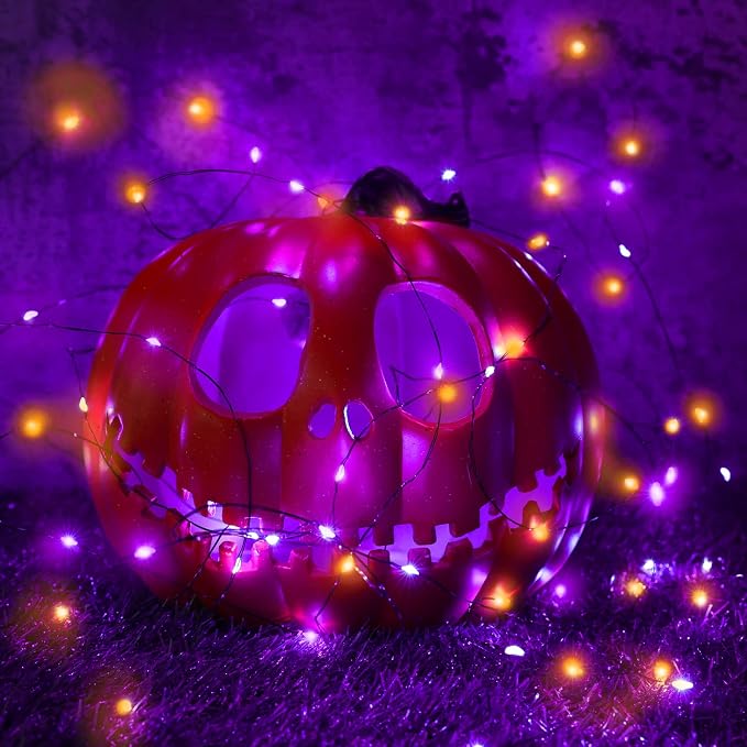 Lomotech Orange Purple Halloween Solar Lights, 2 Pack Total 66ft 200 LED | Solar Fairy Lights, Waterproof Outdoor Twinkle Lights with 8 Modes for Garden, Porch, Trees, Halloween Decor (Black Wire)