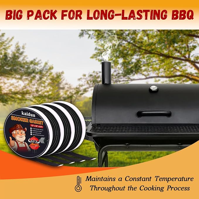 kaidun BBQ Smoker Seal Gasket, 4 Pack x 15 Ft, 1/2" x 1/8", High Heat Grill Gasket, Easy to Peel, Black
