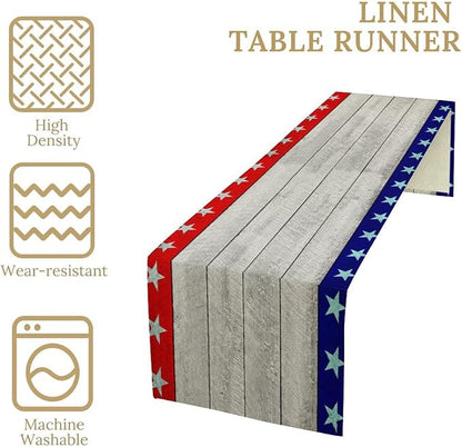 4th of July Memorial Day Table Runner, USA Flag Patriotic Wood Indoor Patriotic Independence Table Decor for Home Party 13x36 Inch