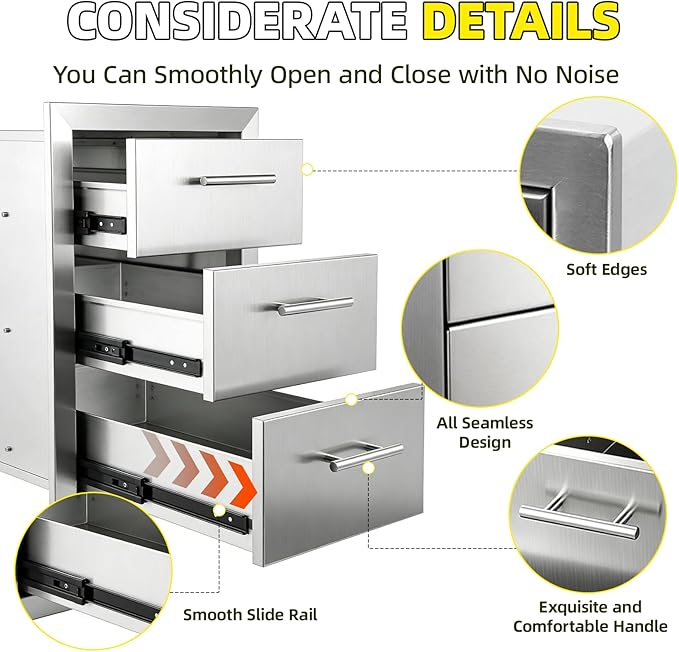 Outdoor Kitchen Drawers 15" W x 25" H x 18.7" D Stainless Steel Flush Mount Modular Cabinet, with Chrome Handle for Outdoor Kitchens or BBQ Island Patio Grill Station