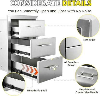 Outdoor Kitchen Drawers 15" W x 25" H x 18.7" D Stainless Steel Flush Mount Modular Cabinet, with Chrome Handle for Outdoor Kitchens or BBQ Island Patio Grill Station