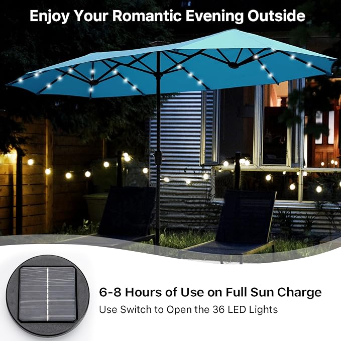 FREE SOLDIER 13ft Patio Umbrella with 36 LED Solar Lights Double Sided Outdoor Umbrella for Patio Table Umbrella with Solar lights for Garden Yard Pool (Turquoise)
