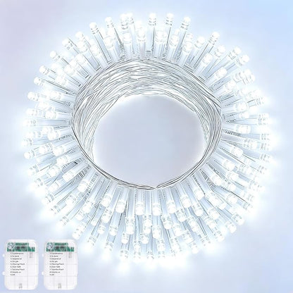 Pooqla 2 Pack String Lights Battery Operated, Total 33.3ft 100 LED Fairy Lights Indoor Outdoor Decorations, 8 Modes Cool White Battery Christmas Lights for Bedroom Classroom Porch Party Yard Decor