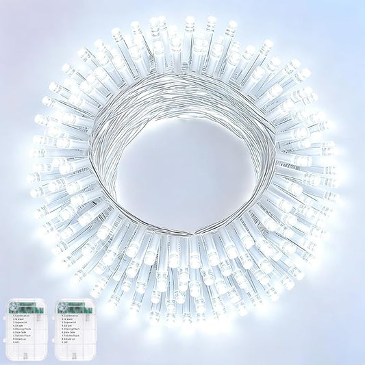 Pooqla 2 Pack String Lights Battery Operated, Total 33.3ft 100 LED Fairy Lights Indoor Outdoor Decorations, 8 Modes Cool White Battery Christmas Lights for Bedroom Classroom Porch Party Yard Decor