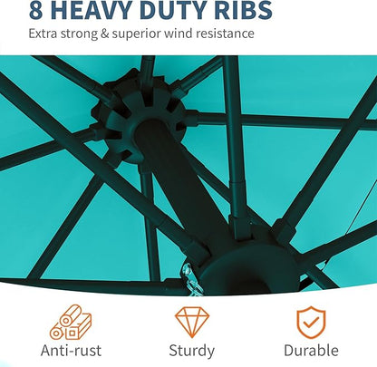 PatioKingdom 9ft 3-Tier Patio Market Umbrella with Crank/Tilt, Commercial Heavy Duty Wind Proof,Outdoor Table Umbrella with 8 Fiberglass Ribs,UPF50+ for Deck,Pool,Garden,Backyard (Peacock Blue)