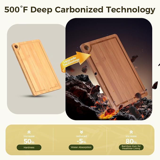Bamboo Cutting Board for Kitchen, 3-Piece Wooden Cutting Board Set with Deep Juice Grooves, Side Handles, Non-Slip Mats, Reversible Boards for Meat, Vegetables, Fruit and Cheese