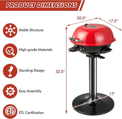 HAPPYGRILL Electric Grill Outdoor, 1600W Barbecue 15-Serving for Indoor & Outdoor Use, Portable Stand BBQ Grill for Cooking Patio Kitchen Garden, Red