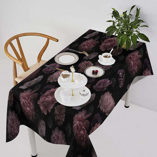 Vintage Florals Tablecloth, Gothic Summer Garden Peonies Flowers Rustic Roses Boho Botanical Plant Water Resistant Wipeable Table Cover for Picnic Party Holiday Kitchen Dinner Table 60"x110"