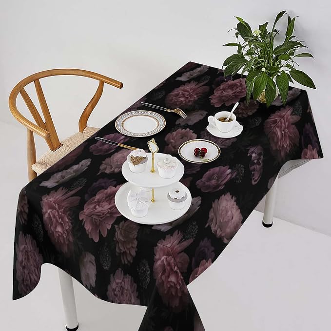 Vintage Florals Tablecloth, Gothic Summer Garden Peonies Flowers Rustic Roses Boho Botanical Plant Water Resistant Wipeable Table Cover for Picnic Party Holiday Kitchen Dinner Table 60"x120"