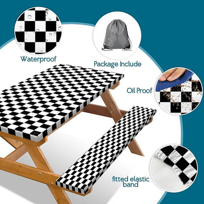 Picnic Table Cover with Bench Covers and Bag, Black and White Checkered Buffalo Plaid Camping Tablecloth Waterproof Windproof Elastic Edges Fitted Gingham Tablecloth for Outdoor Garden 3PCS 30x60 Inch