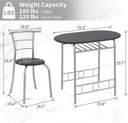 VECELO 3-Piece Dining Table Set for Kitchen Breakfast Nook, Wood Grain Oval Tabletop and Metal Frame with Built-in Wine Rack, for Small Spaces, Black & Silver