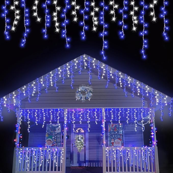 YEGUO 33ft 400 LED Blue and White Icicle Lights Outdoor Waterproof, 80 Drops Icicle String Lights Connectable, 8 Modes Icicle Christmas Lights with Memory Timer