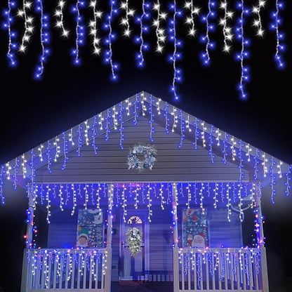 YEGUO 33ft 400 LED Blue and White Icicle Lights Outdoor Waterproof, 80 Drops Icicle String Lights Connectable, 8 Modes Icicle Christmas Lights with Memory Timer