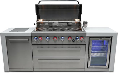 Mont Alpi MAi805-DFC-COMBO 44-Inch 6-Burner 115,000 BTU Stainless Steel Outdoor Kitchen Island Gas Grill with Fridge, Side Burner, Pizza Oven, Charcoal Tray & Griddle