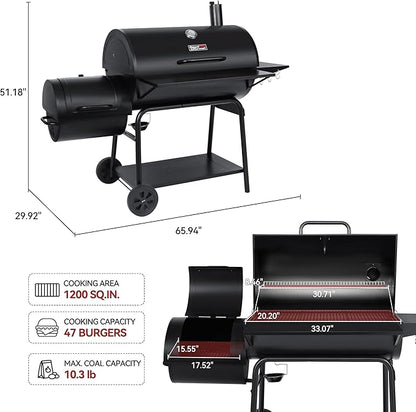 Royal Gourmet CC2036F Barrel Charcoal Grill with Offset Smoker, Outdoor BBQ Grill with 1200 Sq. In. Grilling Area for Large Event Gathering, Black