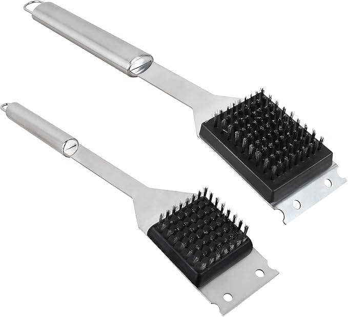 2 Pack Grill Brush and Scraper, 16" & 14" Stainless Steel Handle BBQ Cleaner - Heavy Duty Grate Cleaning Tool for Outdoor BBQ, Cookout, Gas/Charcoal Grills