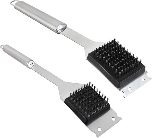 2 Pack Grill Brush and Scraper, 16" & 14" Stainless Steel Handle BBQ Cleaner - Heavy Duty Grate Cleaning Tool for Outdoor BBQ, Cookout, Gas/Charcoal Grills
