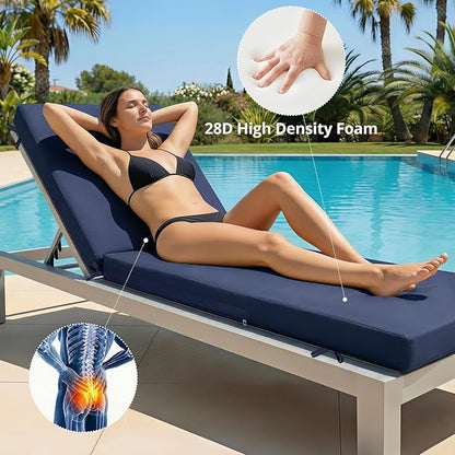 Fabuday Chaise Lounge Chair Cushions for Outdoor Furniture - 72 x 21 x 3 Inch Waterproof Patio Pool Sunbrella Lounger Pads Replacement with Removable Cover, Navy, Set of 2