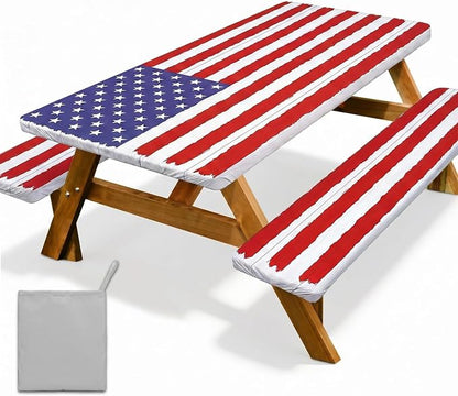 Picnic Table Cover with Bench Covers Windproof Waterproof Picnic Table Covers Camping Tablecloth with Self-Storage Bag, 72in, Bright White Wood