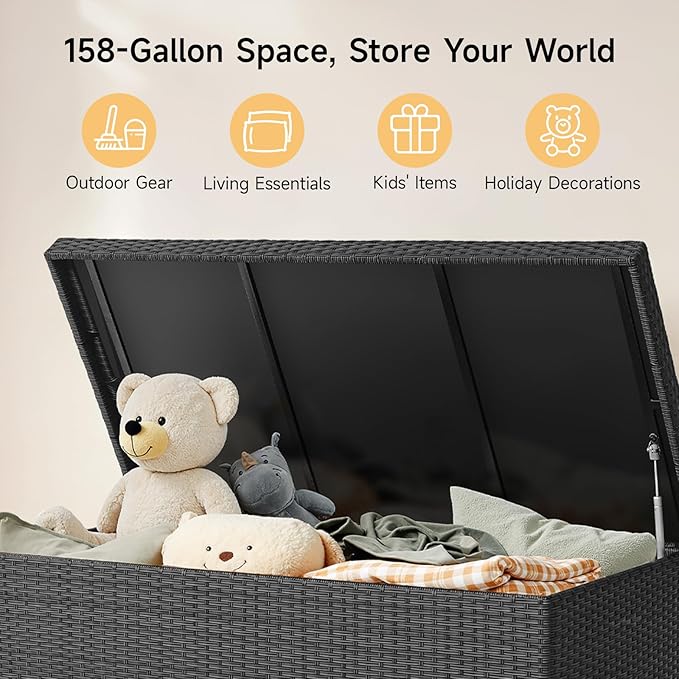 ONBRILL 158 Gallon XL Deck Box with Lid, All Weather Wicker Outdoor Storage Box Waterproof, Large Outdoor Patio Storage Bin for Cushions, Garden Tools, Gears, Pool Accessories, Black