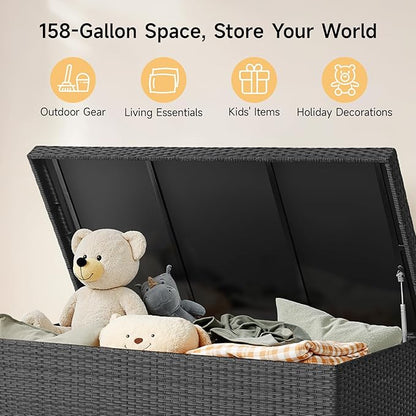 ONBRILL 158 Gallon XL Deck Box with Lid, All Weather Wicker Outdoor Storage Box Waterproof, Large Outdoor Patio Storage Bin for Cushions, Garden Tools, Gears, Pool Accessories, Black