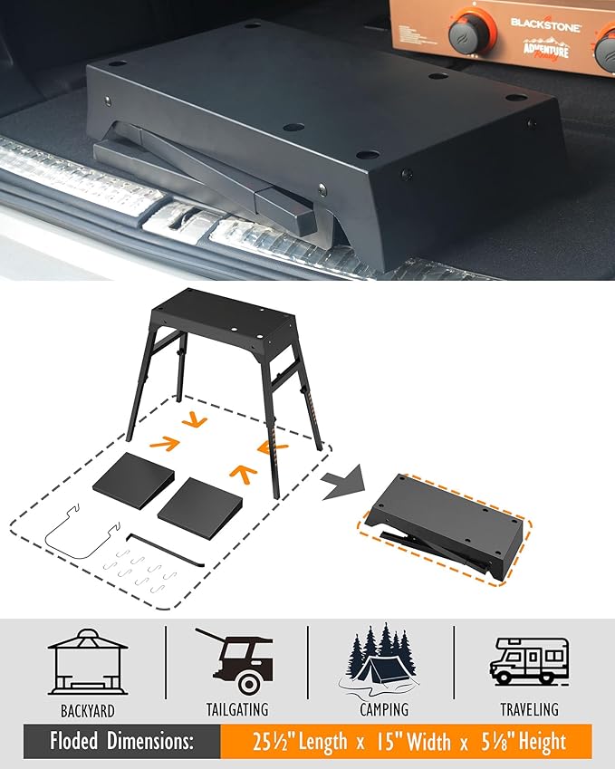 Folding Stand for Blackstone 17 & 22 Inch Tabletop Griddle – Portable Grill Table with Adjustable Legs for Uneven Ground, Side Shelves, Paper Towel Holder, Trash Bag Holder – Heavy Duty for Camping